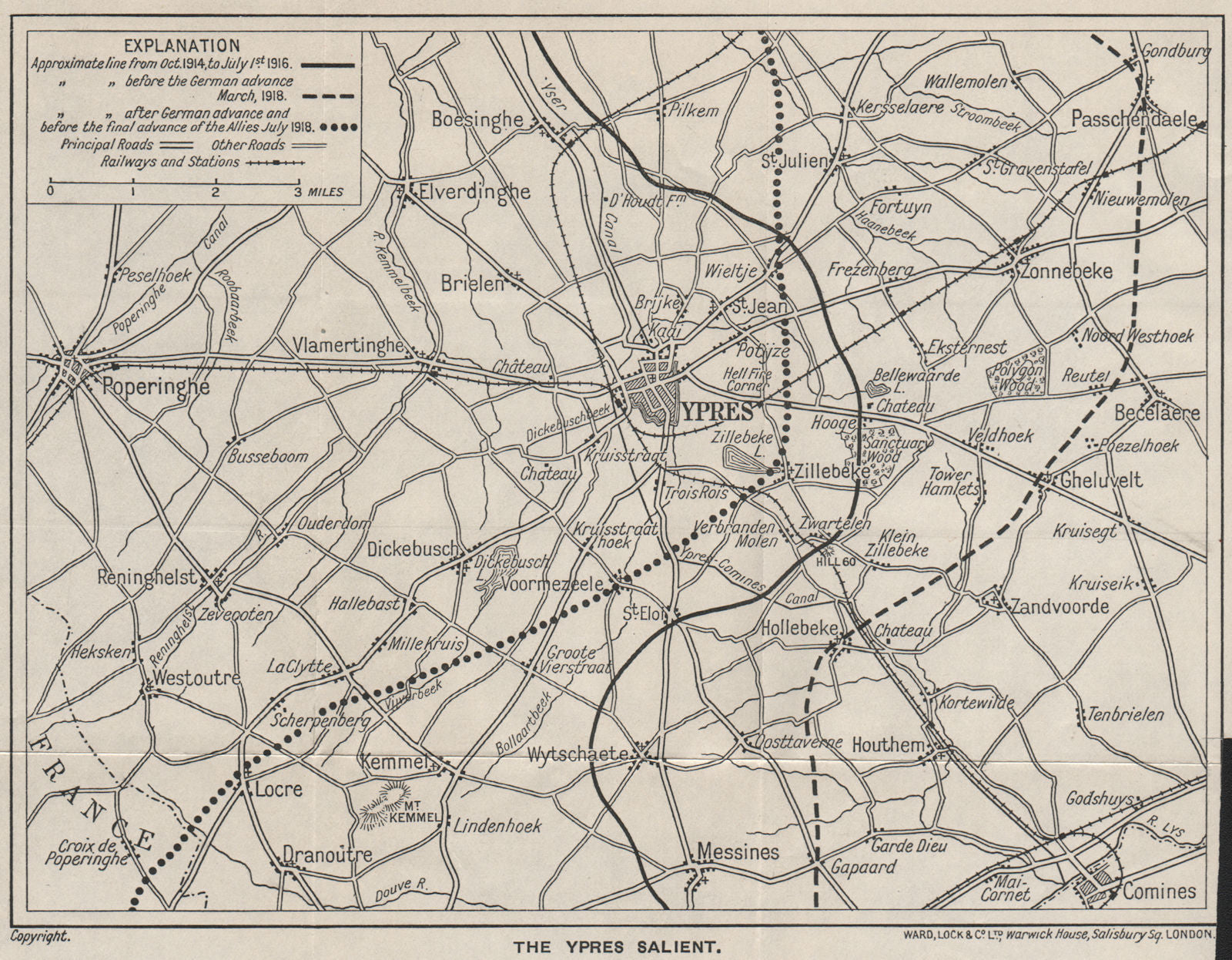 YPRES SALIENT First World War battle lines 1916-1918 Belgium. WARD LOCK 1926 map